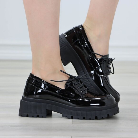 Chunky Penny Loafers Black Lug Sole Slip On Platform Patent Black Lace Up - Picture 7 of 14
